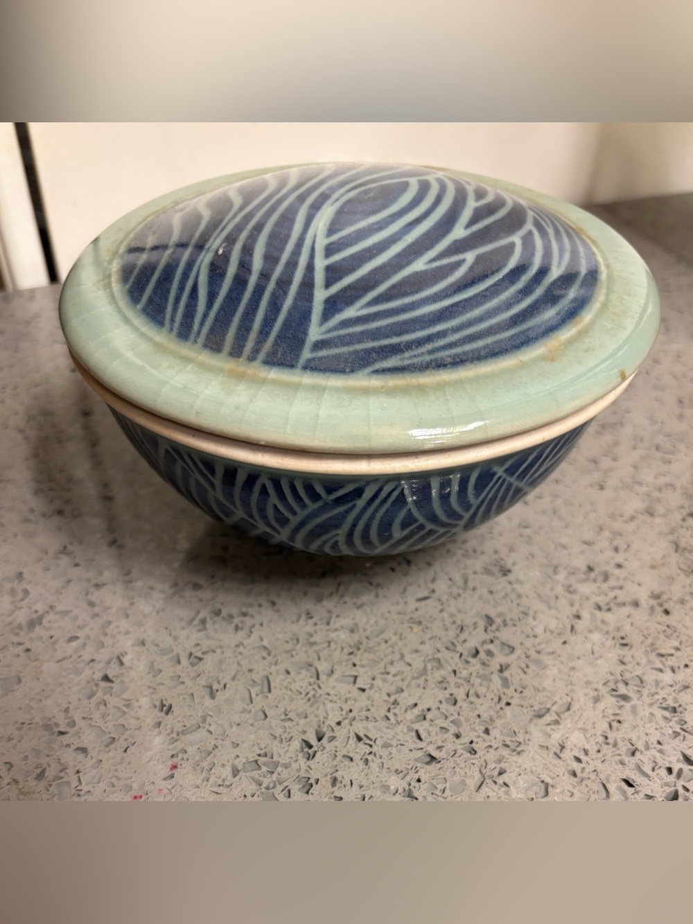 Blue Patterned Ceramic Lidded Bowl with hand-painted signature- Decorative Home